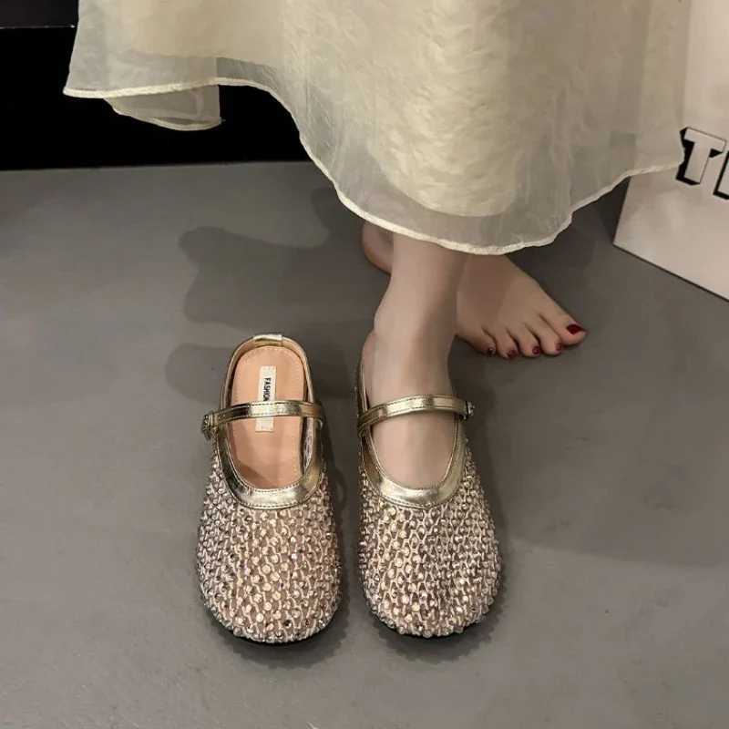 Women Flats Sandals Luxury Crystal Rhinestone Sandals Fishnet Ballet Woman Anti-slip Designer Rivet Studs Mesh Mary Jane Shoes M250702