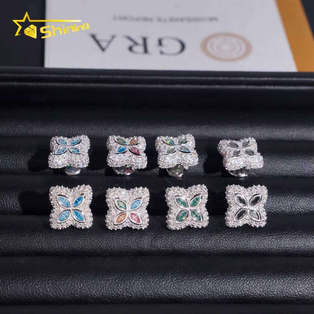 New Hip-Hop Men's Ice Cold Pure Sier Flower Multicolor Marquise 15mm Sandstone Earrings