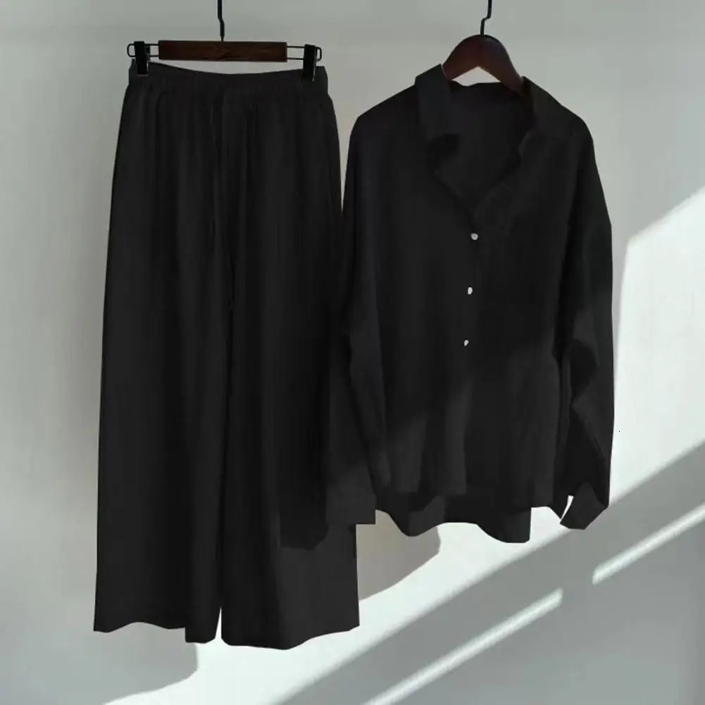 5XL Oversize Fall Blouse Trousers Suit Womens Outfit Cotton Linen Shirt High Waist Wide Leg Pants Set Summer 250624