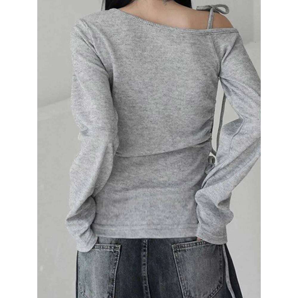 hoodie Wear Skew Collar Tie-Up Off Shoulder T-Shirt For Women Long Sleeve Drawstring Slim Fit Top Solid Korean Fall Casual T Shirts jacket
