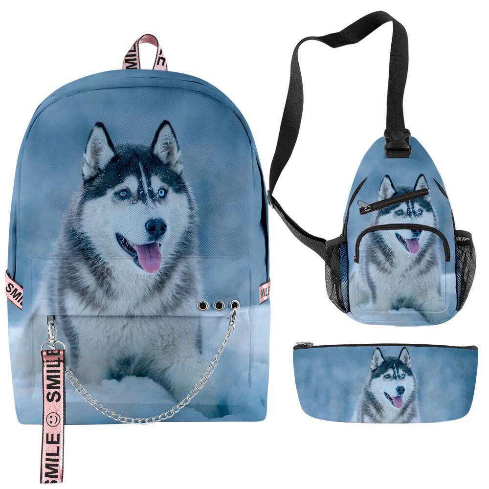 Novelty Creative Cool Husky 3D Print 3pcs/Set School Bags multifunction Travel Backpack Chest Bag Pencil Case