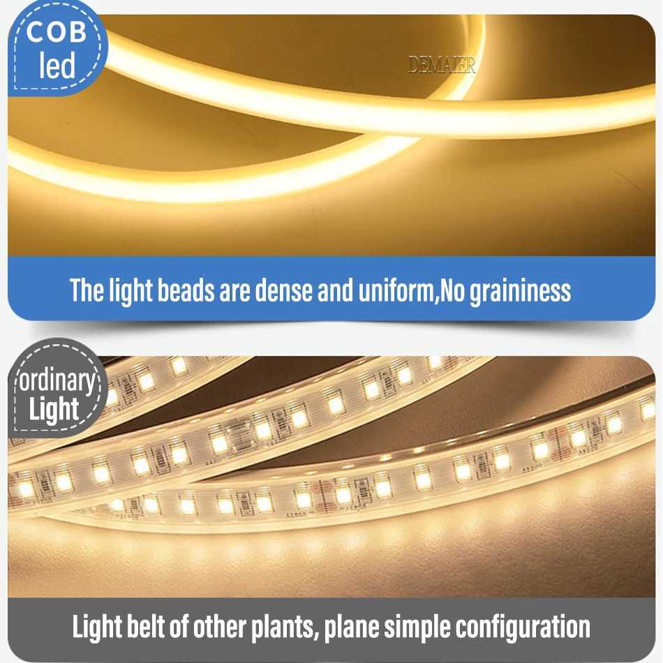220V EU Plug COB LED Strip Light 360LEDs/m RA90 Flexible LED Strip Outdoor Lamp Waterproof Tape Kitchen Home Room Decoration W250701
