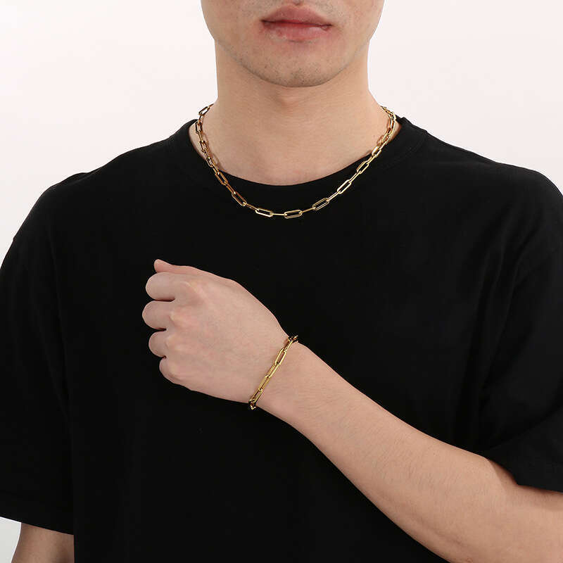 DHCollections Unisex Chunky Square Link Chain Necklace & Bracelet Stainless Steel Minimalist Jewelry