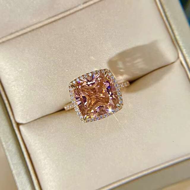 925 Sterling Silver Princess Halo Cubic Zirconia Simulated Morganite Ring Rose Gold Pink Morganite Engagement Rings