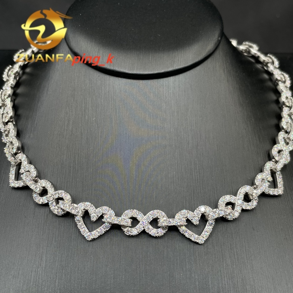 Hip Hop Jewelry Rapper Real 925 Sterling Silver 8.5MM Heart Style Missanite Iced Out Tennis Chain Infinity Chain Link Chain
