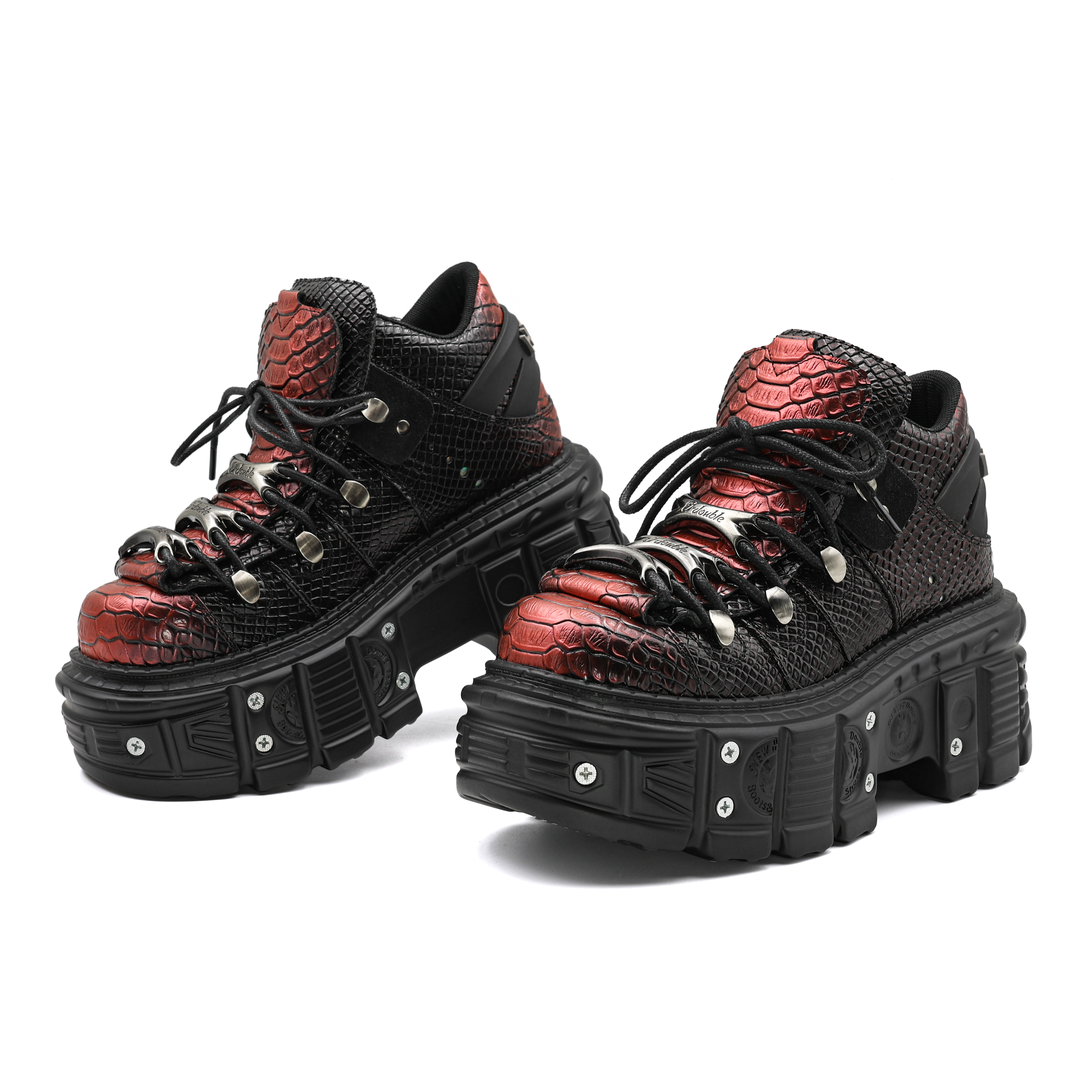 Height-Increasing Women's Summer Punk Shoes Thick-Soled, High-Tops in Elegant Wine Red & Snake Print