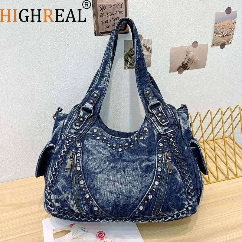 HIGHREAL High Quality Handbag Rivets Women Designer Shoulder Large-Capacity Wash Denim Girls Messenger Bag