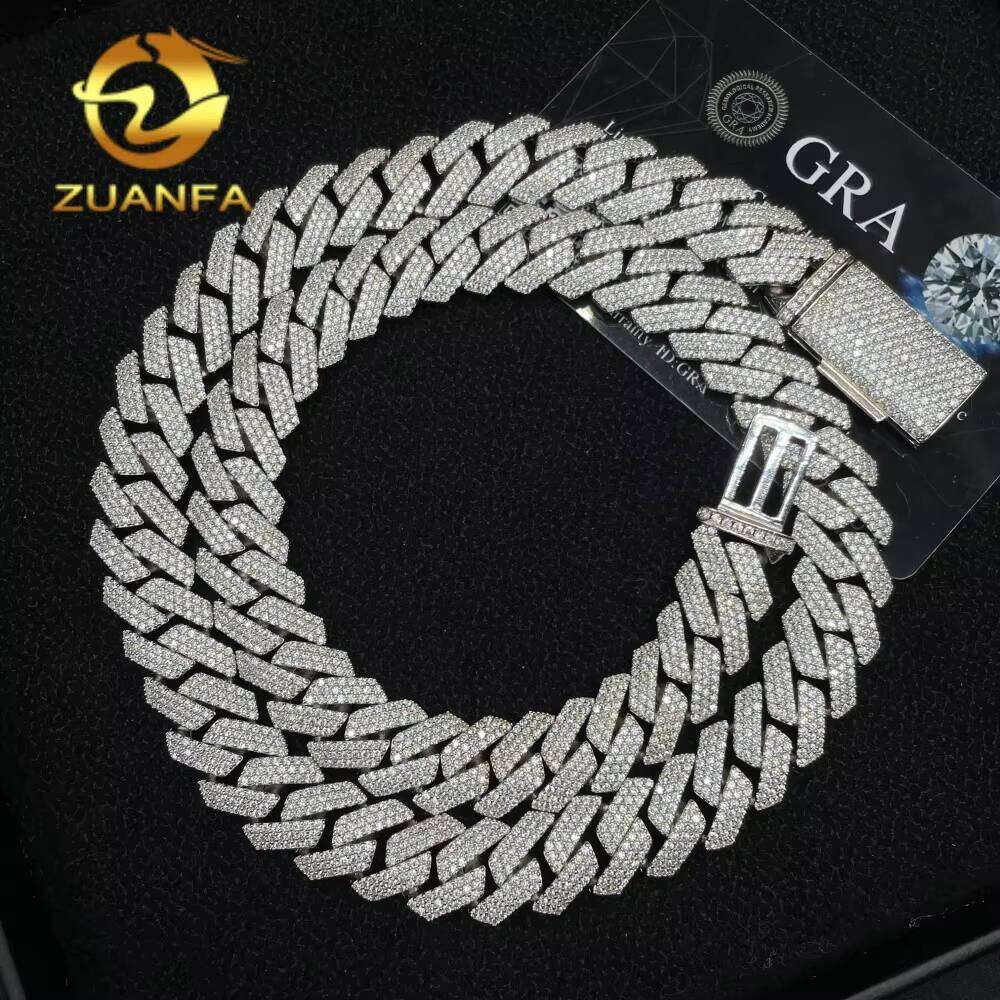 GRA Certified Jewelry 14Mm 3 Rows Sterling Sier Iced Out VVS Moissanite Mens Cuban Chain Necklace