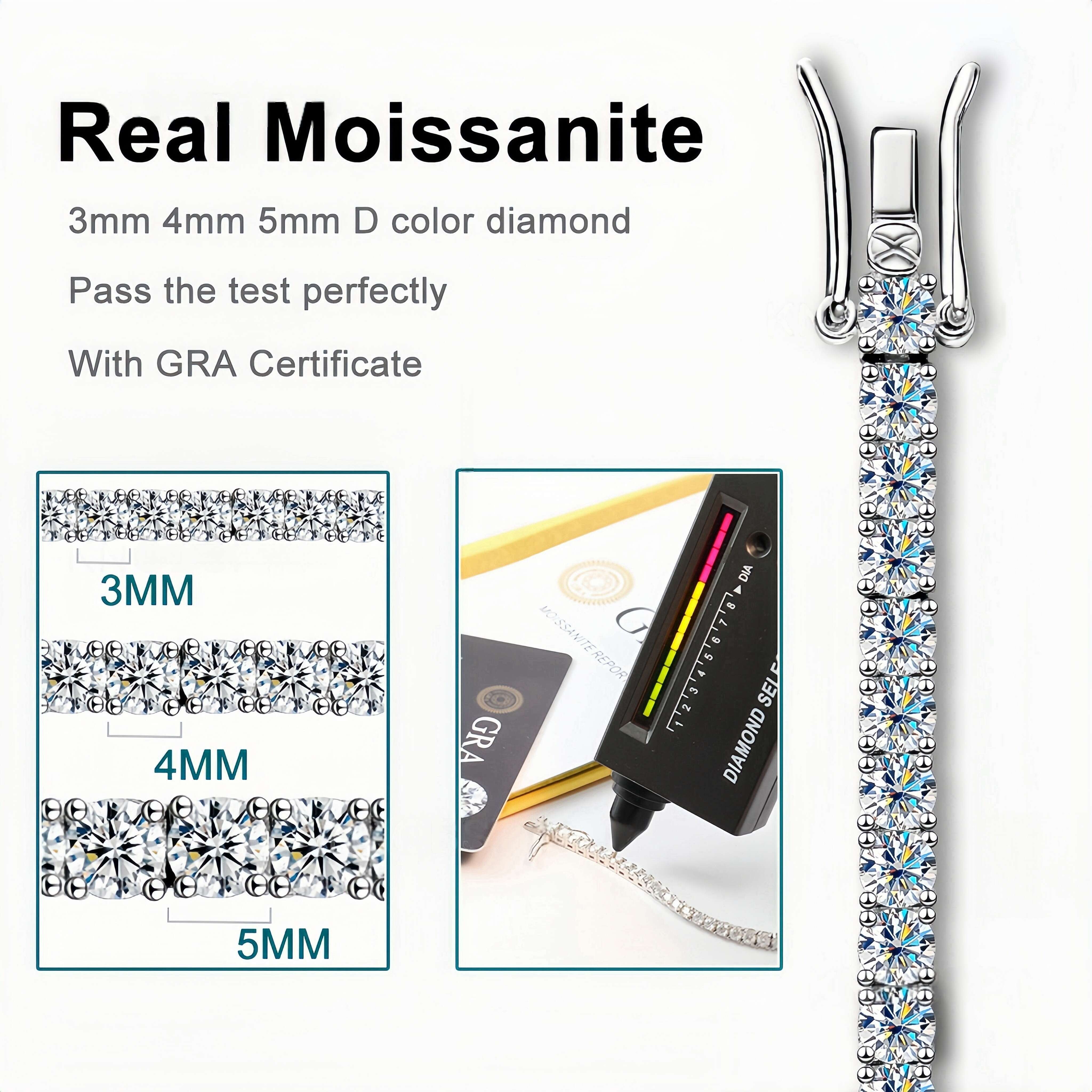 2mm 3mm 4mm 925 Iced Out Sterling Silver 10K Gold Moissanite Tennis Chain Bracelets Bangles Cluster for Men Women