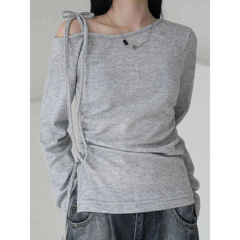 hoodie Wear Skew Collar Tie-Up Off Shoulder T-Shirt For Women Long Sleeve Drawstring Slim Fit Top Solid Korean Fall Casual T Shirts jacket