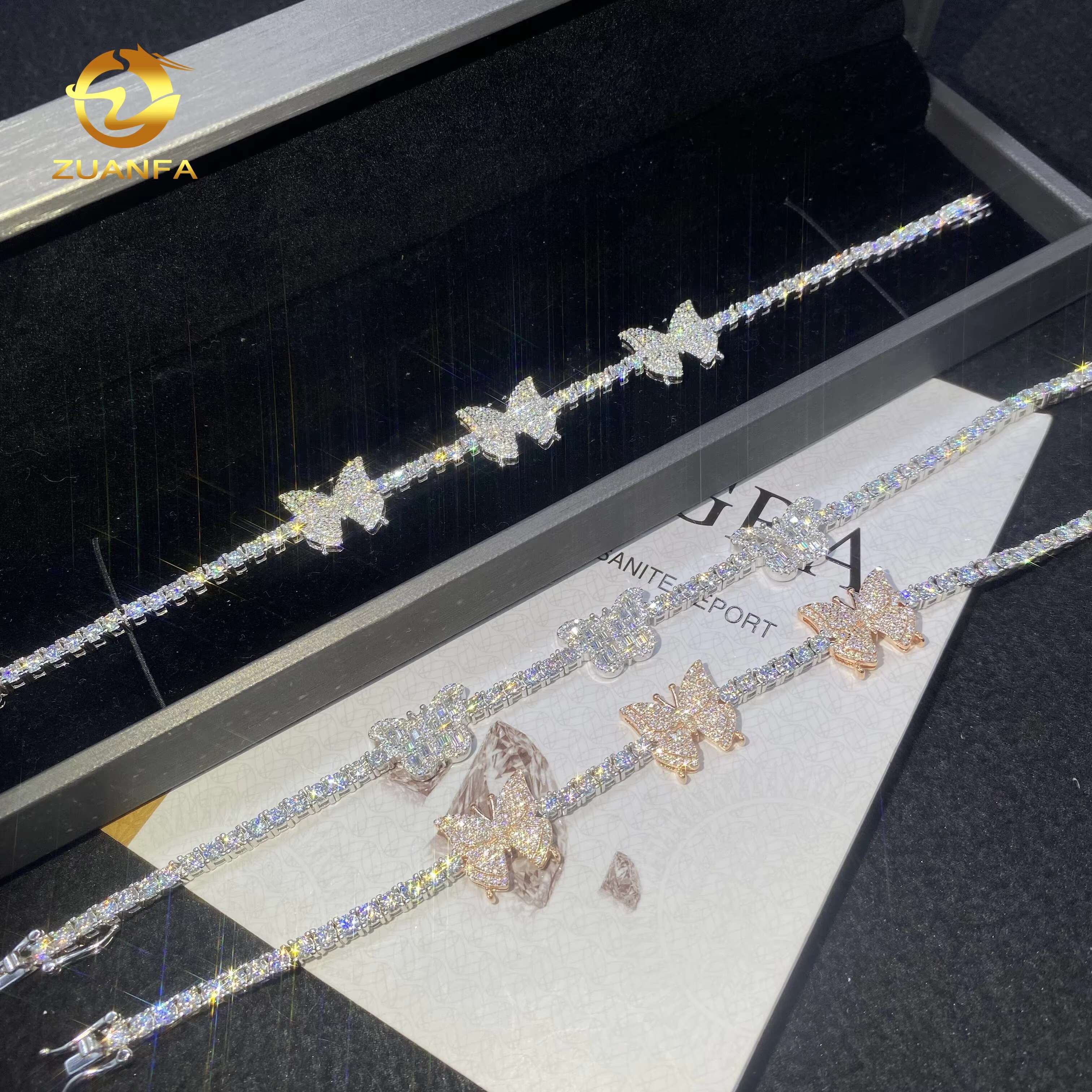 Elegant 3mm Diamond Tennis Bracelets 925 Silver Hip Hop Jewelry Women Iced Out VVS D Moissanite Rose Gold Butterfly Bracelet