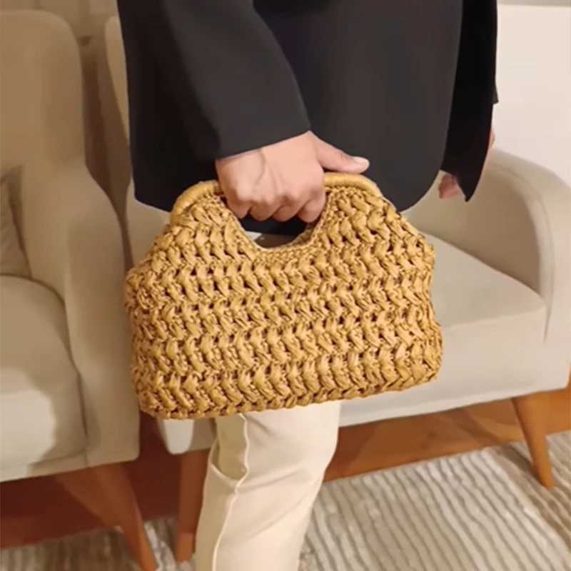 Natural Fiber Snap Clutch Bag Spanish Seaside Womens Straw Woven Handbag Summer Beach Travel Vacation Evening Elegant Purse W250702