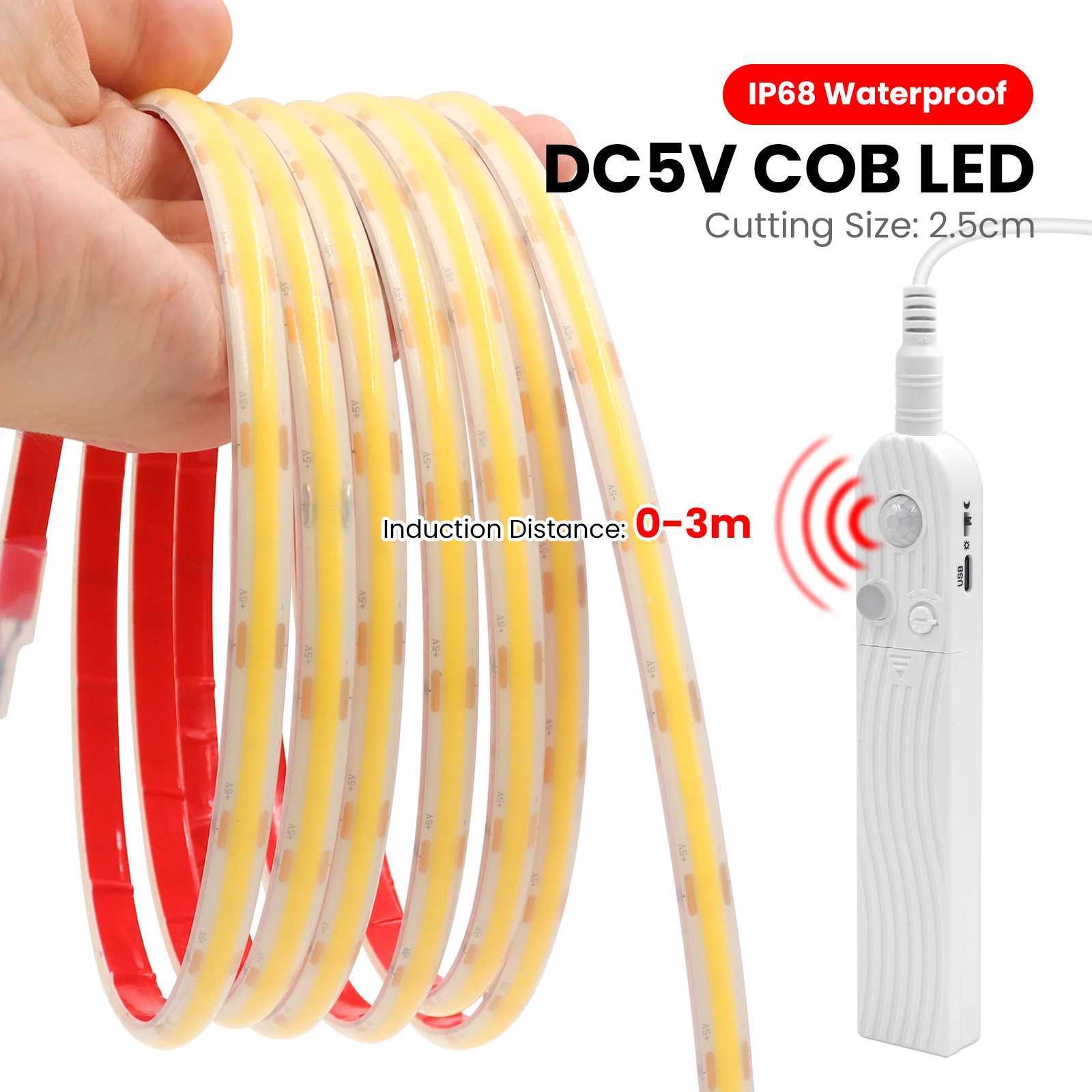 IP68 Waterproof 5V COB LED Strip With Motion Sensor AAA Battery Powered Induction Night Light 1-3M Warm White Linear Light Bar W250701