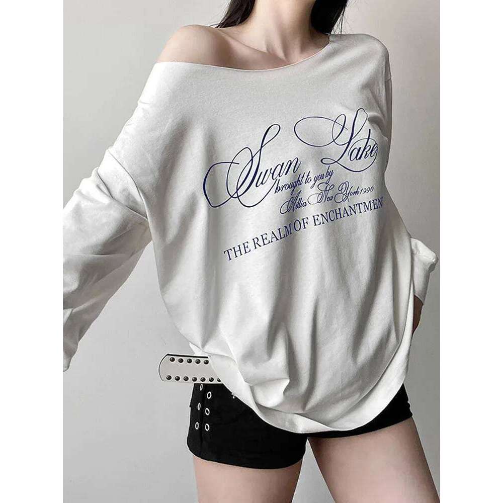 hoodie Wear Y2k Aesthetic Casual Off Shoulder T-Shirt Loose Letter Printing Haruku Tshirts Grunge Vintage Streetwear Tee Shirts jacket