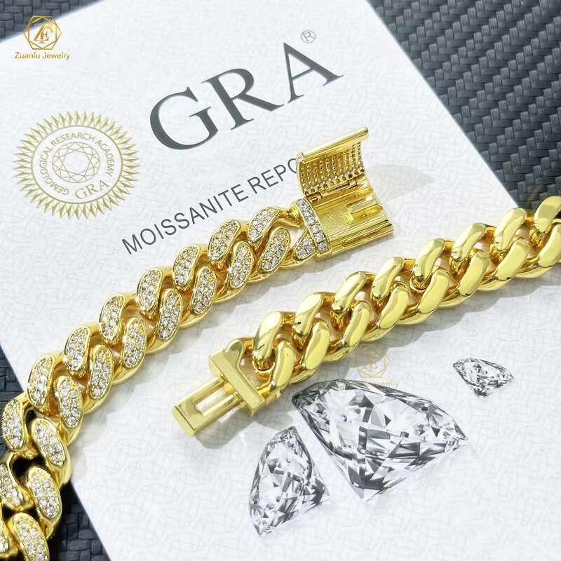 Hip Hop Jewelry Customization Cuban De 10mm 10k 14k 18k Gold Mossinate Diamond Cuban Chain 2 Row Stone Miami Cuban Link Chain