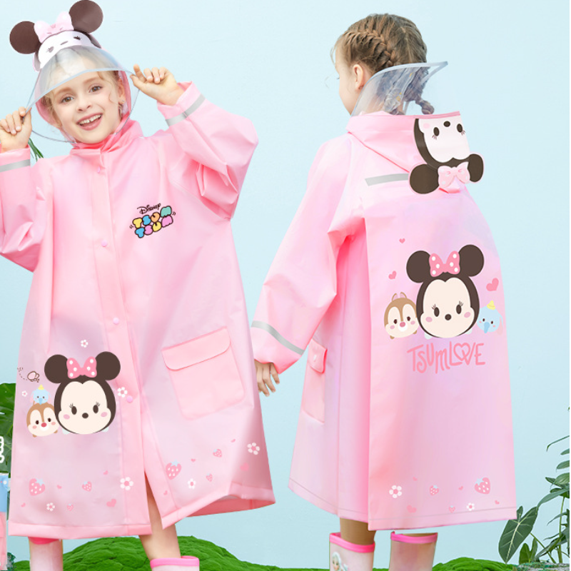 Disney Children's Raincoat Unisex Full Body Waterproof Raincoat for Kids Student with Hidden Buttons and Large Brim Rain with Extra Backpack Laye