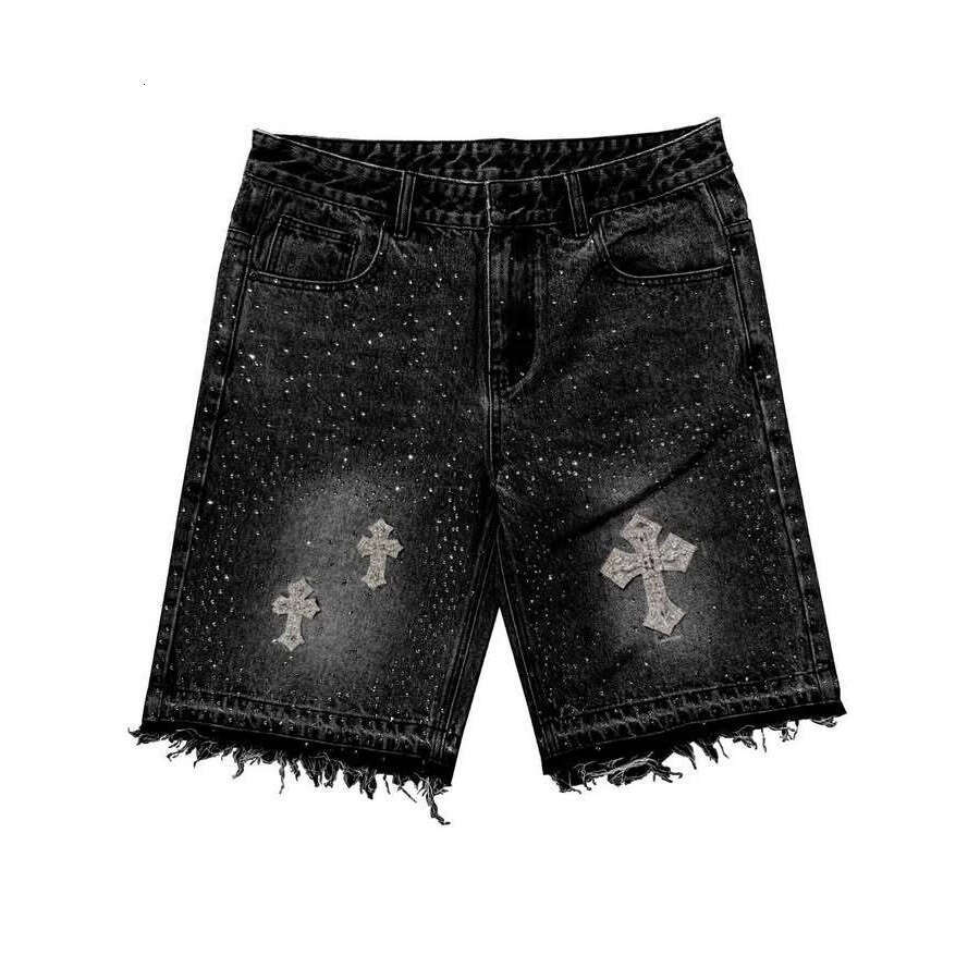 Rhinestone Irregular Denim Shorts Harajuku Hip Hop Street Style Unisex Black Loose Straight Leg Jeans
