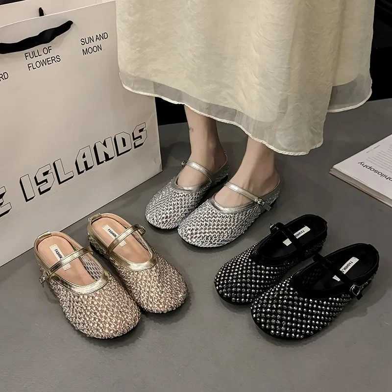 Women Flats Sandals Luxury Crystal Rhinestone Sandals Fishnet Ballet Woman Anti-slip Designer Rivet Studs Mesh Mary Jane Shoes M250702