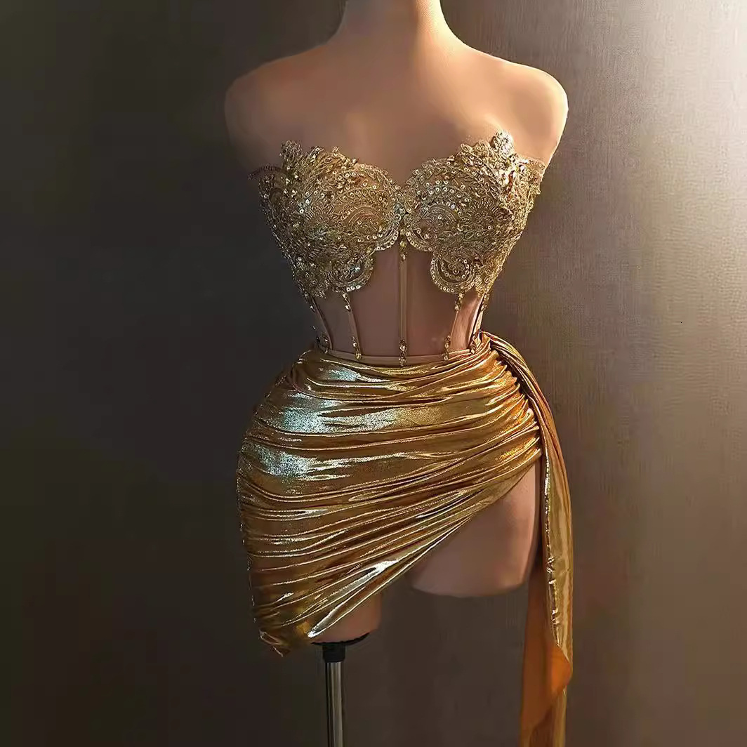 New High-End Fashion Sexy Strapless Rhinestone Chain Waist-Cinching Short Dress Set for Bar Nightclub Performance 231128