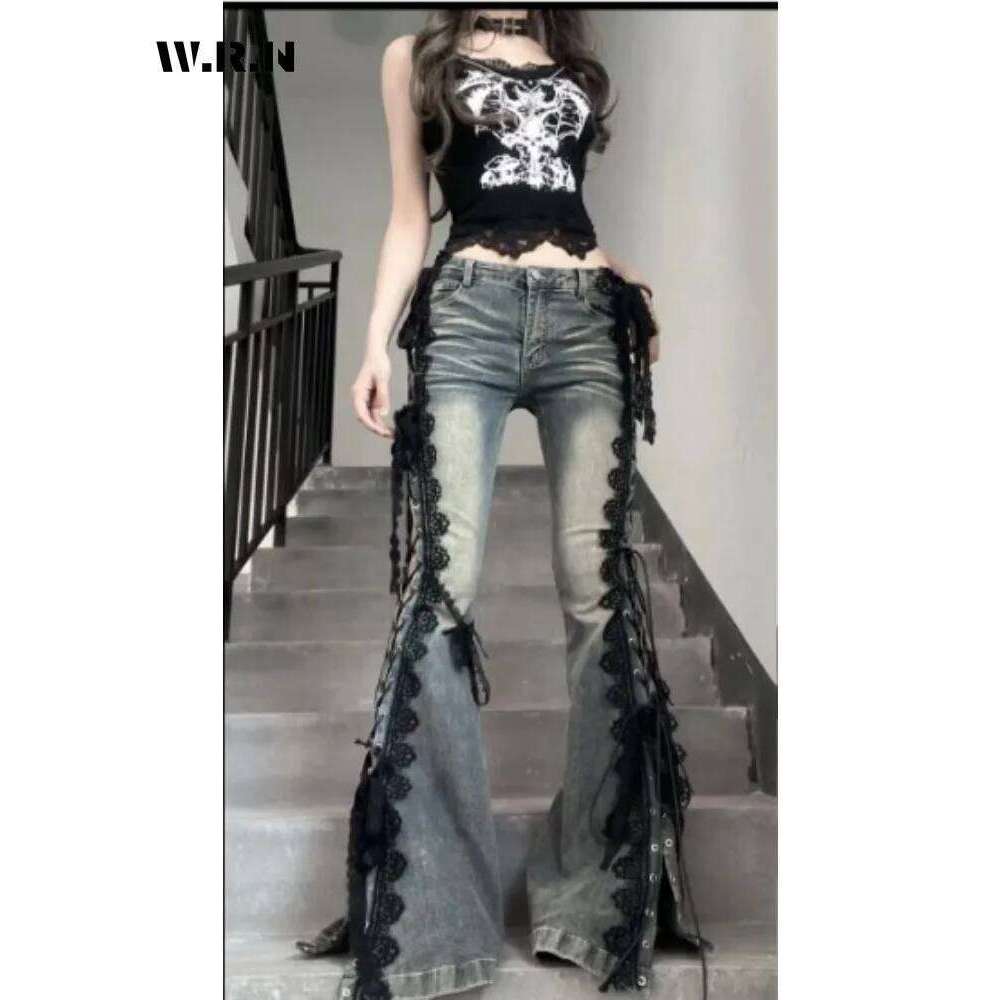 hoodie Wear Retro Eyelets Up Flare Jeans Lace Whiskers Slim Low Rise Split Bootcut Pants Women Bell Bottoms Streetwear jacket