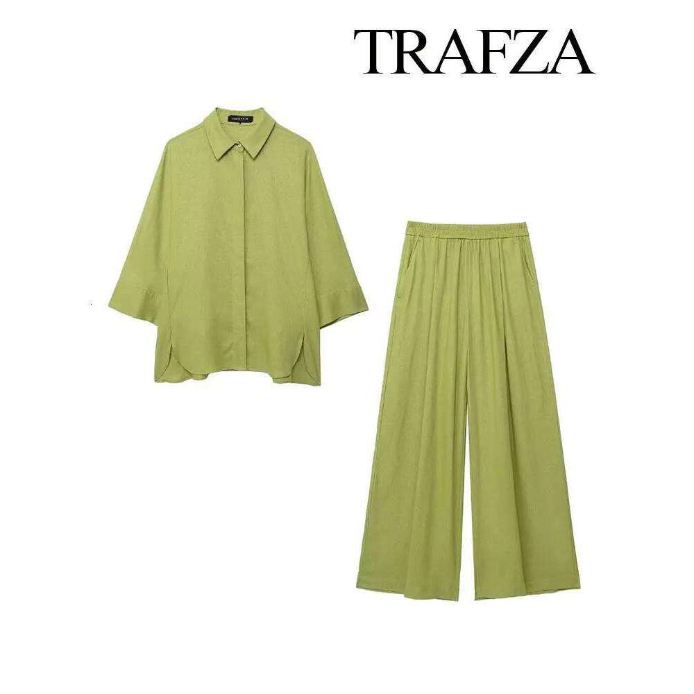 hoodie Women's Wear TRAFZA Women 2 Piece Set Elastic Waist Pocket Folds Decorate Wide Leg Pants+Solid Single-Breasted Slit Hem Blouse Top jacket
