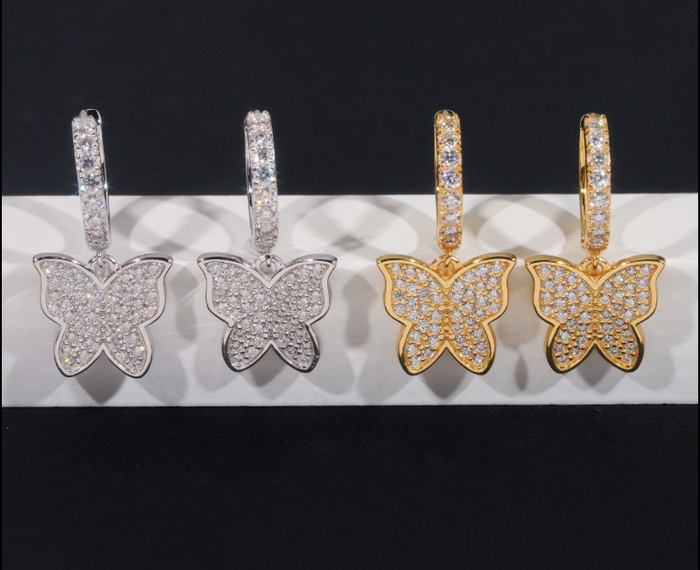 GRA Certified VVS Diamond Fully Iced Out Hip Hop 925 Silver Jewelry Moissanite Stud Earrings Butterfly Hoop Earrings