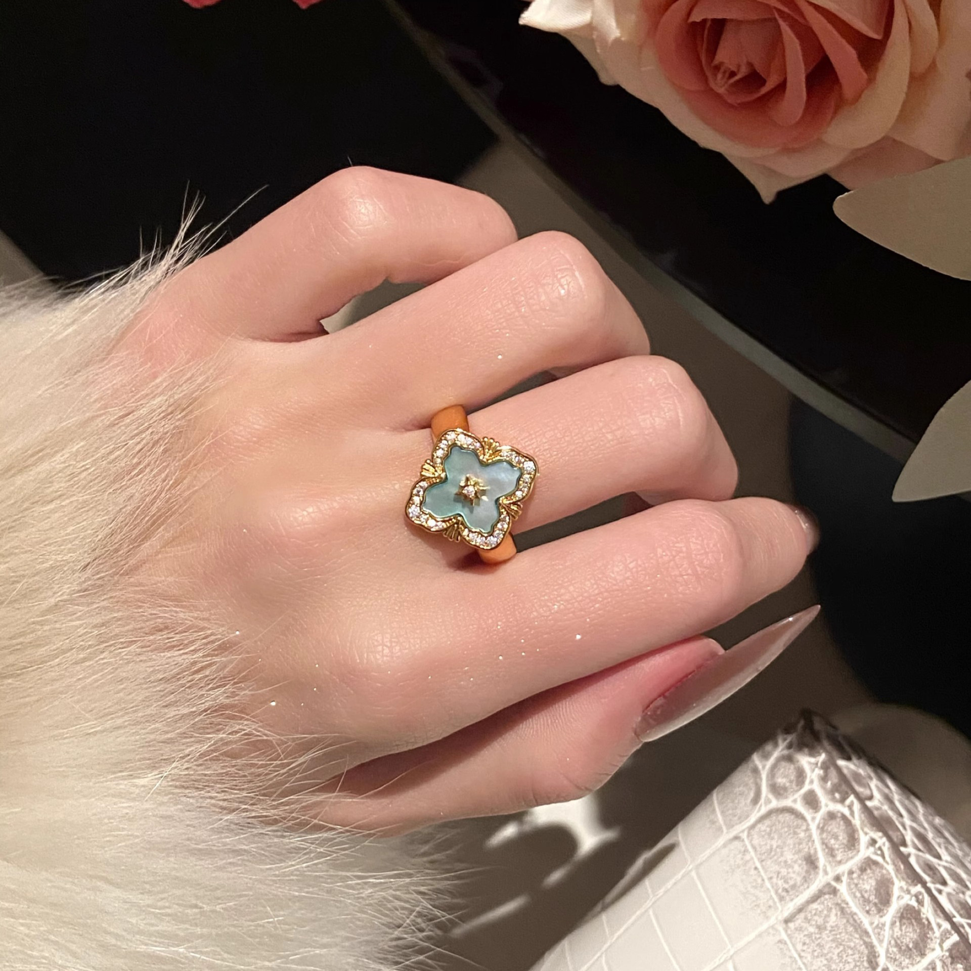 Gold - Tone Ring With Mother - Of - Pearl And Rhinestone Accents, Elegant Party Jewelry And Gift For Her, High - Quality Stylish Jewelry