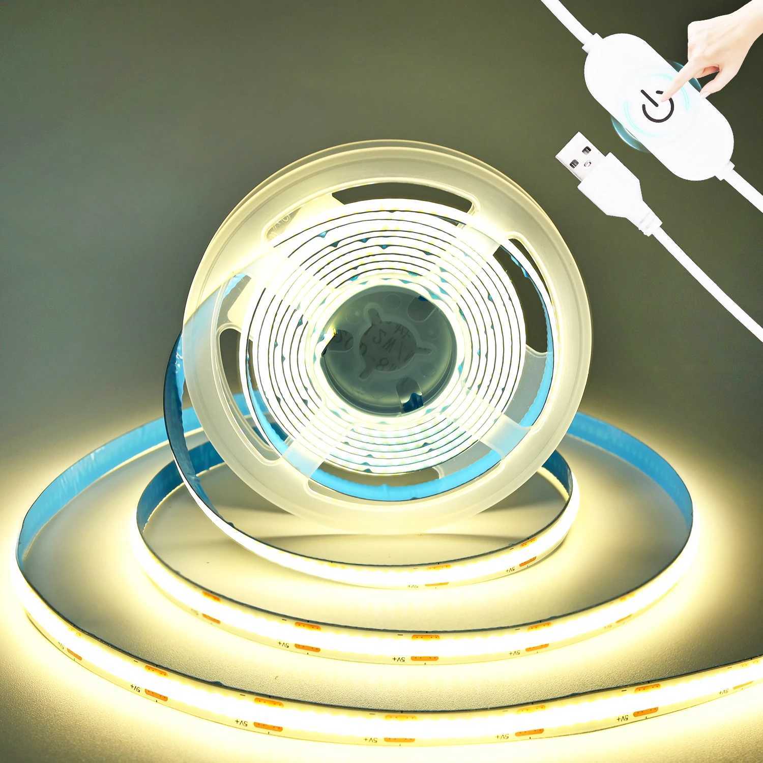 5V COB LED Strip Touch Dimmer USB Plug 320LEDs/m High Density Flexible Led Tape 3000K 4000K 6500K Led Lights Indoor Lighting W250701
