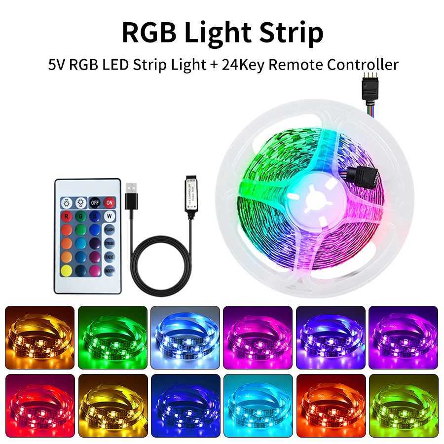5V USB LED Strip Lights with IR 24 Key Remote Controller RGB SMD5050 30/60 LEDs/M 5M Flexible LED Tape Room Decor Backlight W250701