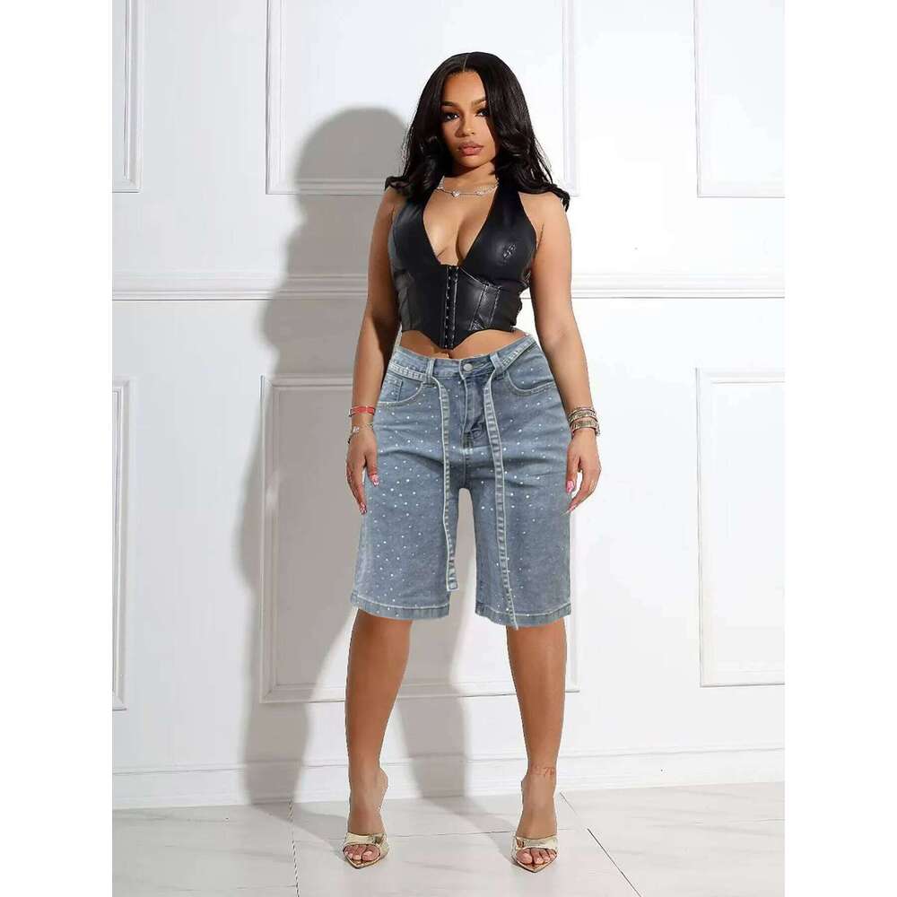 hoodie Wear Women Pants Summer Fashion Dias Elasticity Denim With Belt Streetwear Casual Lady Baggy Straight Jeans Shorts jacket