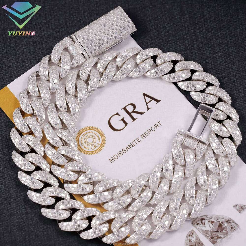 Luxurious Design VVS Baguette Moissanite 23Mm Wide Sterling Sier GoldPlated HipHop Singer Cuban Chain Necklace