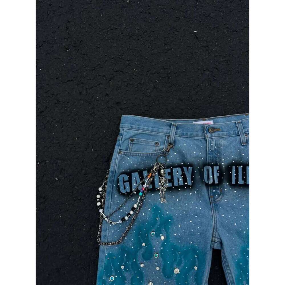 American Fashion Haruku Blue Flame Rhinestone Short Men's Loose Casual Summer Wide Legs Street Couple Full of Star Jeans