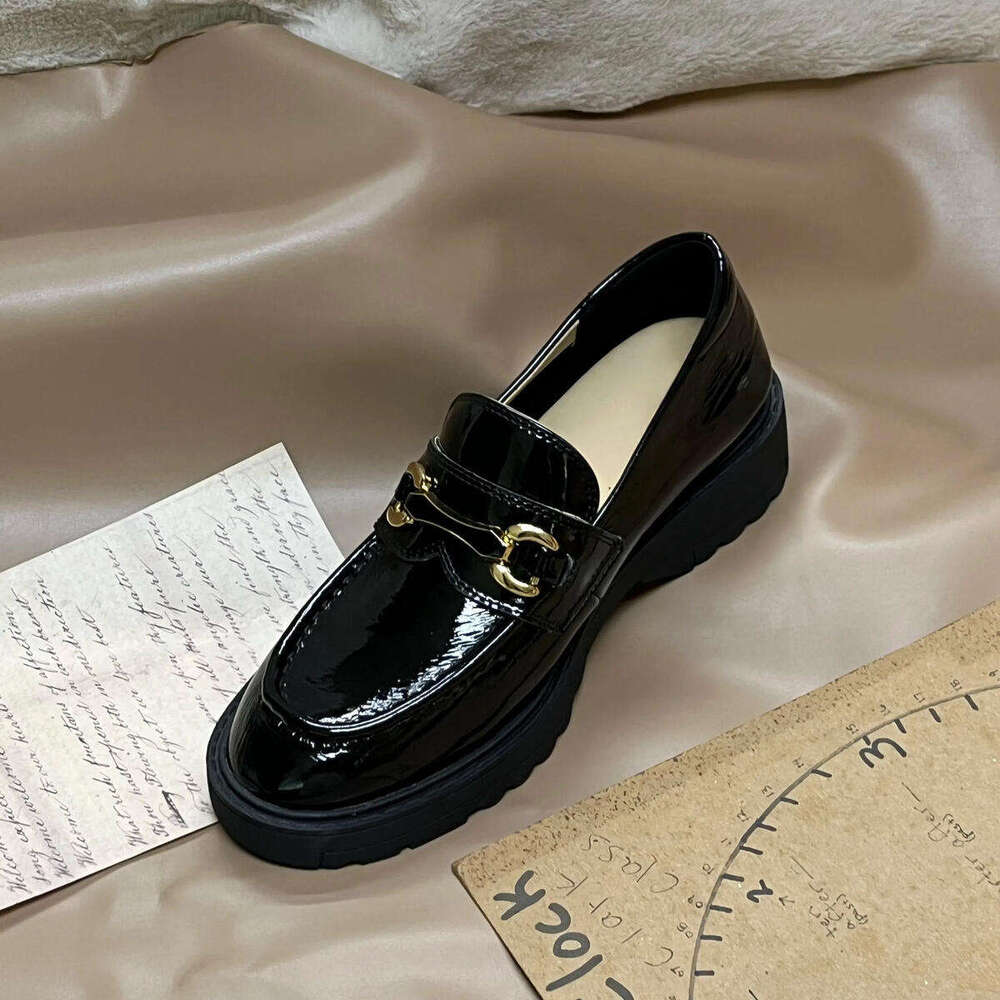 Stylish Platform Patent Leather Loafers - Classic Black with Metal Buckle Decorative Comfortable Casual Shoes Okimoz