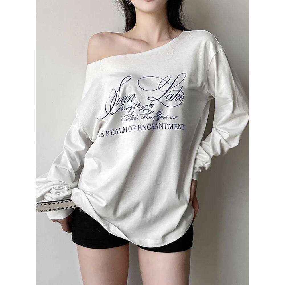 hoodie Wear Y2k Aesthetic Casual Off Shoulder T-Shirt Loose Letter Printing Haruku Tshirts Grunge Vintage Streetwear Tee Shirts jacket