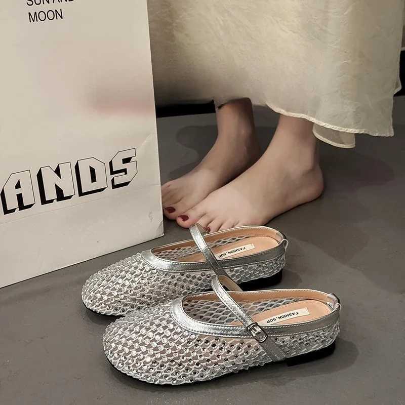 Women Flats Sandals Luxury Crystal Rhinestone Sandals Fishnet Ballet Woman Anti-slip Designer Rivet Studs Mesh Mary Jane Shoes M250702