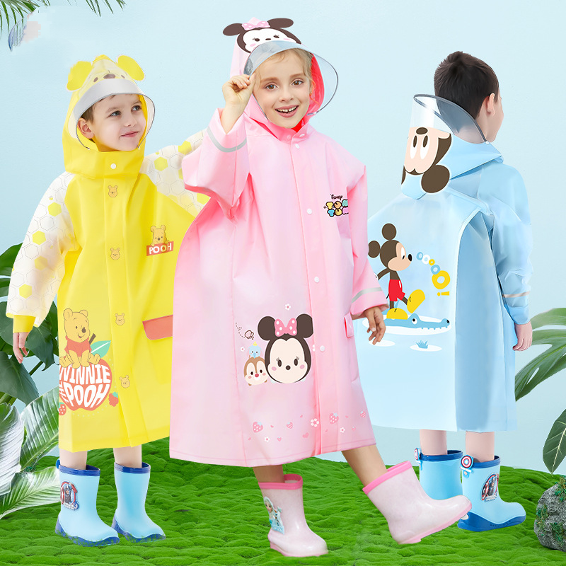 Disney Children's Raincoat Unisex Full Body Waterproof Raincoat for Kids Student with Hidden Buttons and Large Brim Rain with Extra Backpack Laye