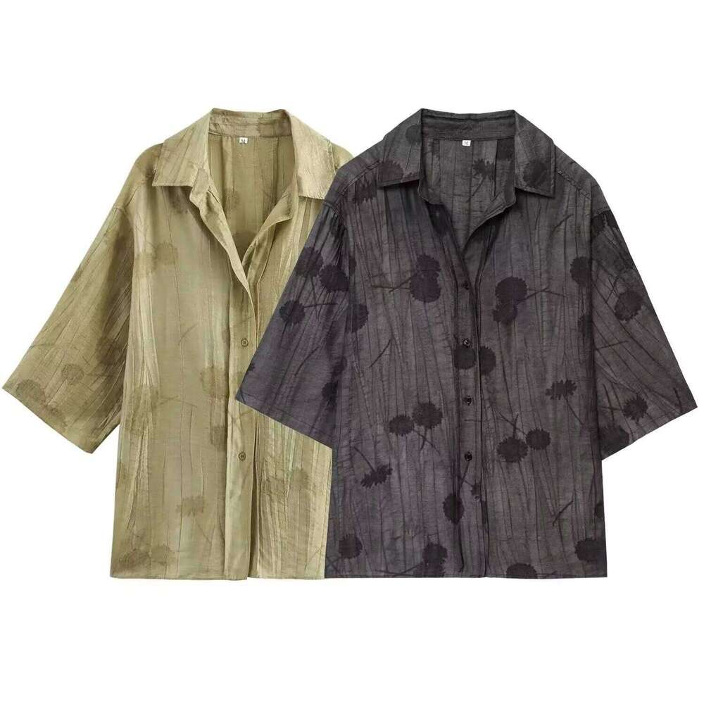 hoodie Women's Wear Print Long Sets For Women Lapel Half Sleeve Single Breasted Shirts + High Waist Lace-Up Wide Leg Pants jacket