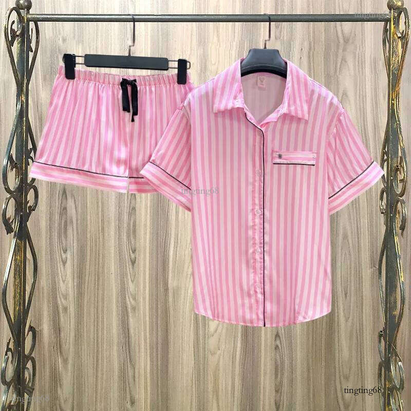 Summer Pajamas for Women Satin Silk Stripes Sleepwear Pyjamas Short Pink Loungewear Pjamas Ladies Home Suit Homewear Woman 220708
