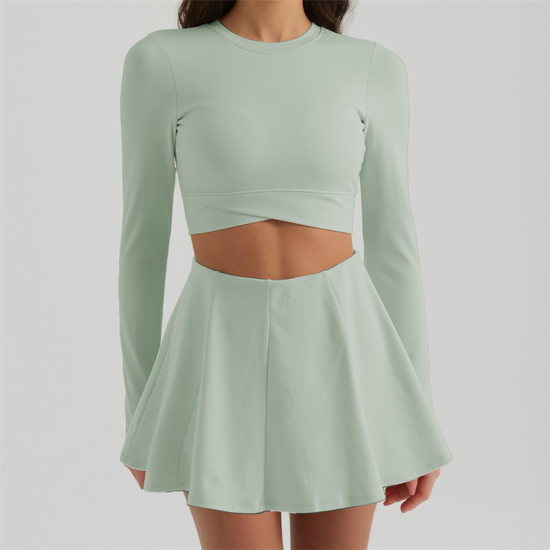 702KK Womens Yoga Skirt Sets Outfit Yoga Sets Two Piece Long Sleeve Tennis Sport Skirt Elastic High Waist Sportwear Lined Breathable BFT1038+BFS3043