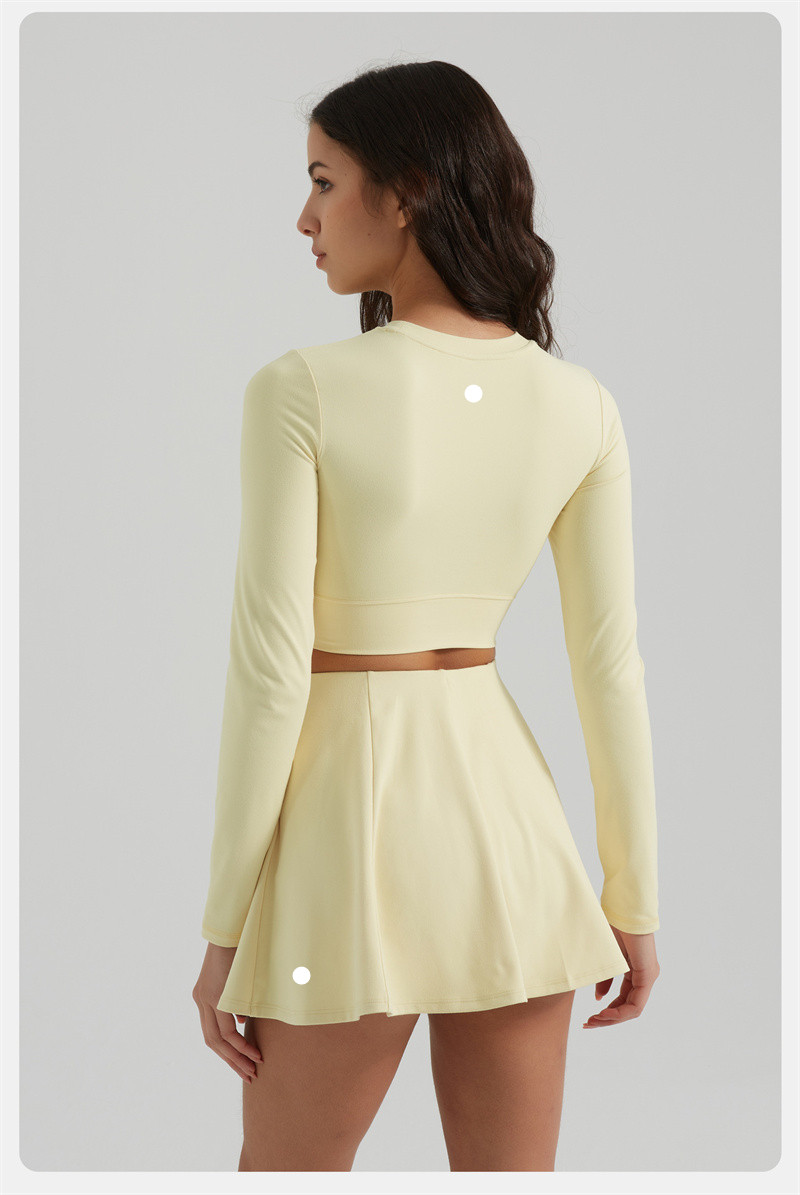 702KK Womens Yoga Skirt Sets Outfit Yoga Sets Two Piece Long Sleeve Tennis Sport Skirt Elastic High Waist Sportwear Lined Breathable BFT1038+BFS3043
