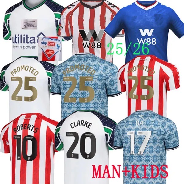 25 26 SUNDERLAND Home away 2025 2026 Soccer Jerseys STEWART SIMMS ROBERTS AMAD CLARKE DAJAKU EMBLETON EVANS O'NIEN Football Shirt PRITCHARD Mens Kids Kit top