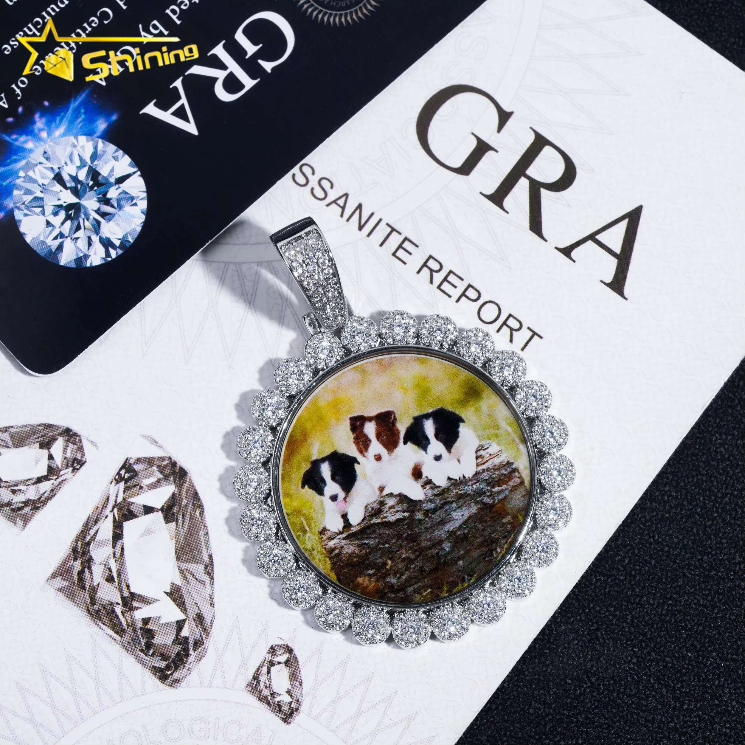 Custom Memory Flower Frame Iced Out 925 Silver Moissanite Picture Photo Pendant for Tennis Chain