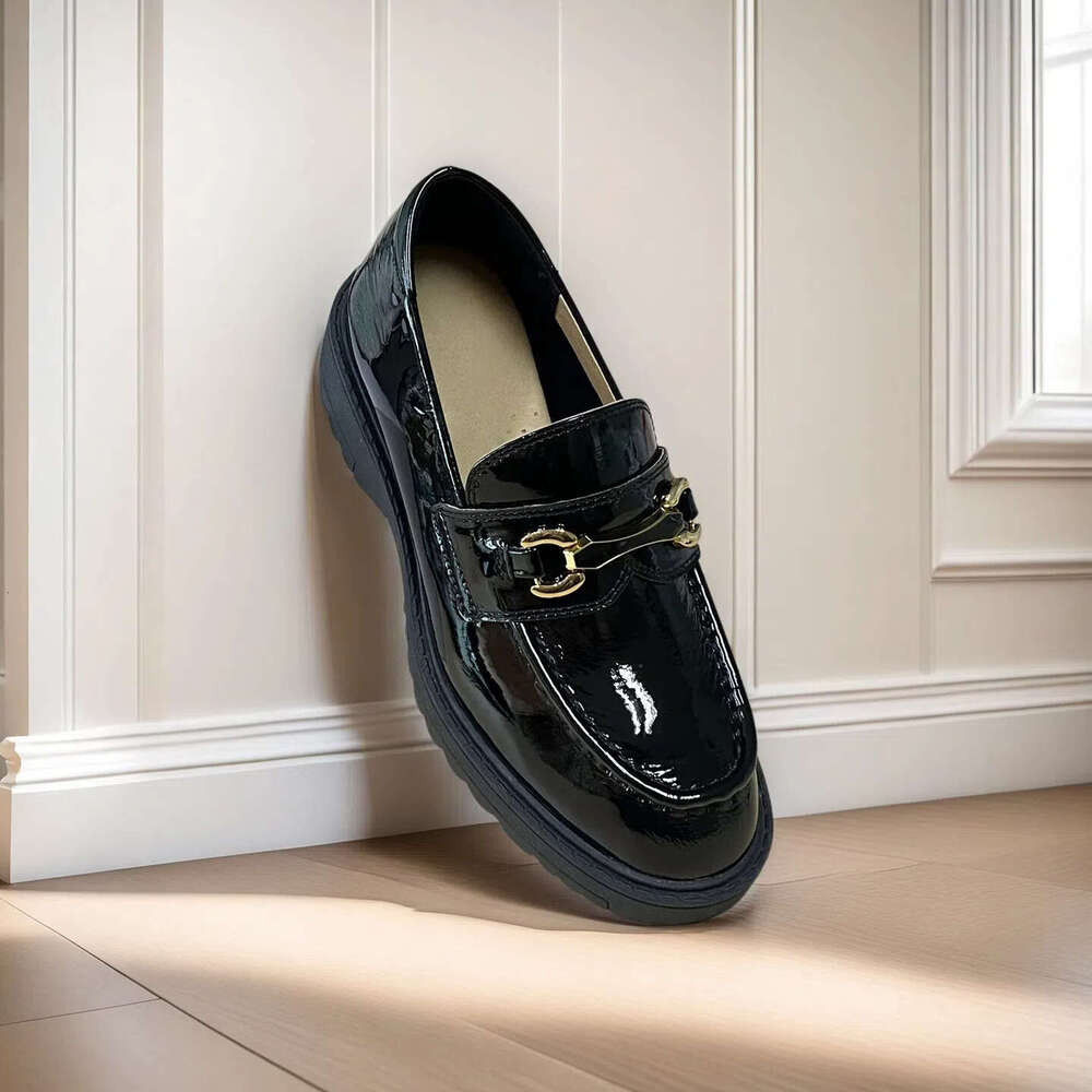 Stylish Platform Patent Leather Loafers - Classic Black with Metal Buckle Decorative Comfortable Casual Shoes Okimoz