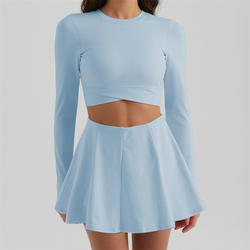 702KK Womens Yoga Skirt Sets Outfit Yoga Sets Two Piece Long Sleeve Tennis Sport Skirt Elastic High Waist Sportwear Lined Breathable BFT1038+BFS3043
