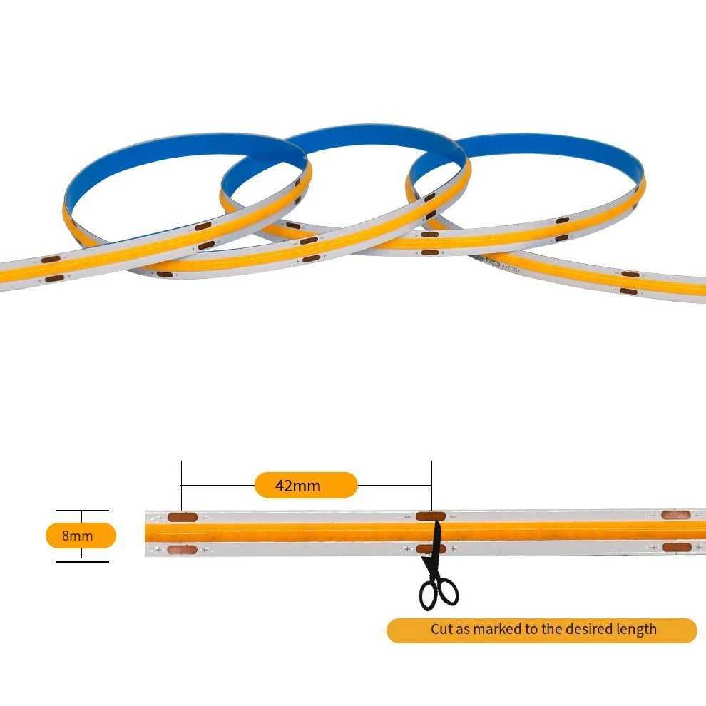 High Brightness 480leds/M Cob LED Strip 8mm Ra95 12v 24v Flexible Can Be Cut Eyecare Self-Adhesive LED Strip Light W250701