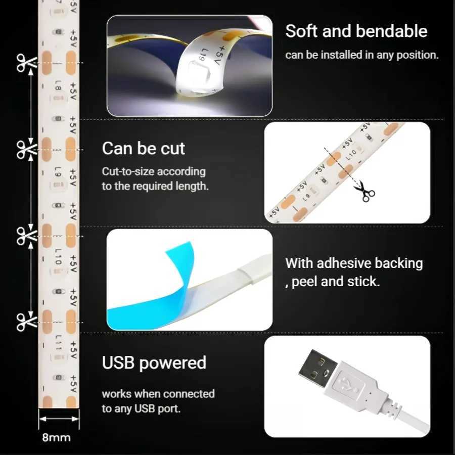 5V USB LED Strip With Hand Sweep/Human Motion Sensor 1M 2M 3M 5M Light Tape Decoration Ribbon for TV Kitchen Room W250701