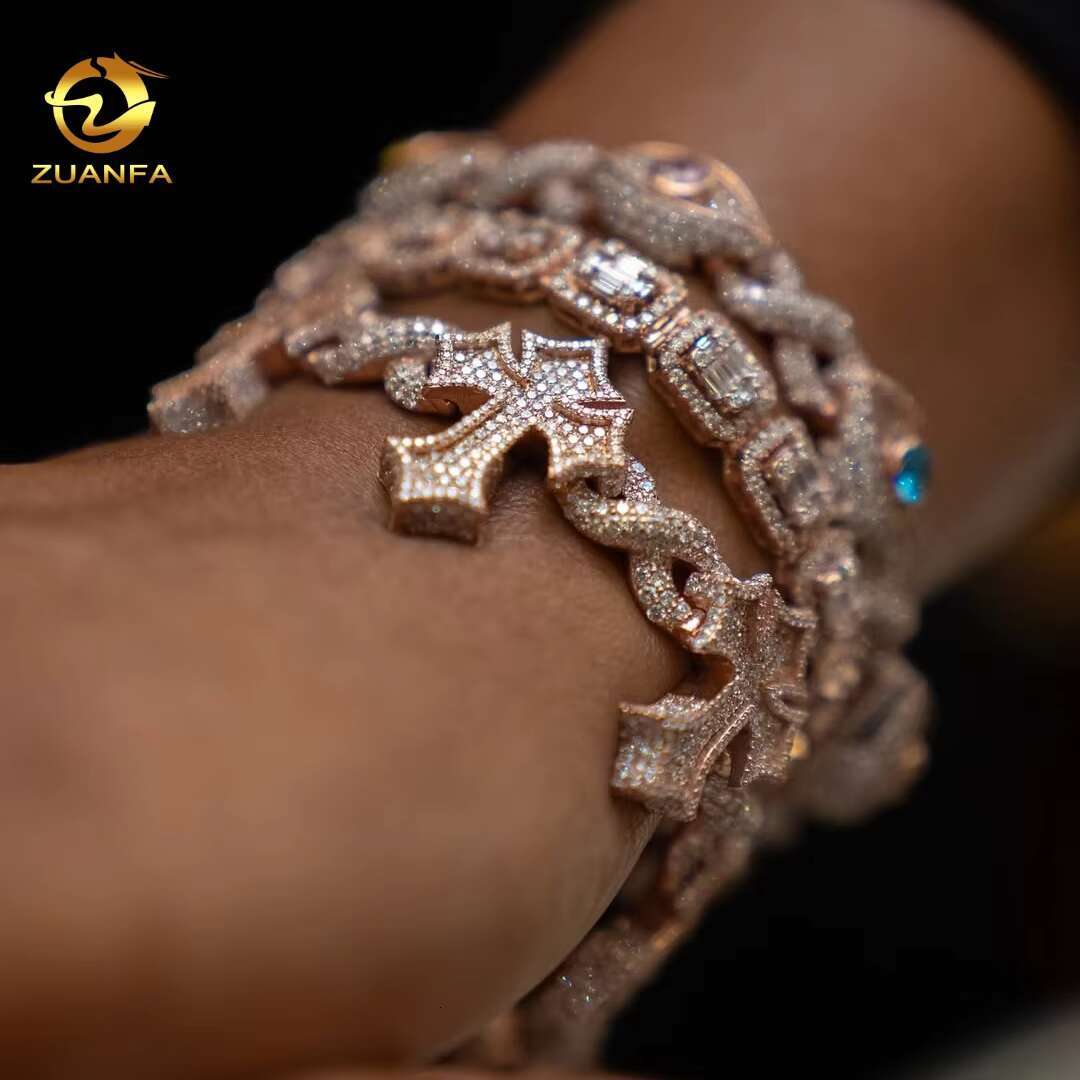 Custom Hip Hop Iced Out 925 Silver VVS Diamond Infinity Mens Moissanite Cross Cuban Chain Bracelet Men Women