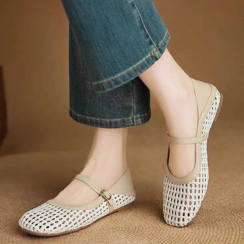 Woven Cutout Flat Single Shoes Womens Summer New Square Toe Shallow Mouth One Strap Soft Sole Mary Jane Sandals M250702