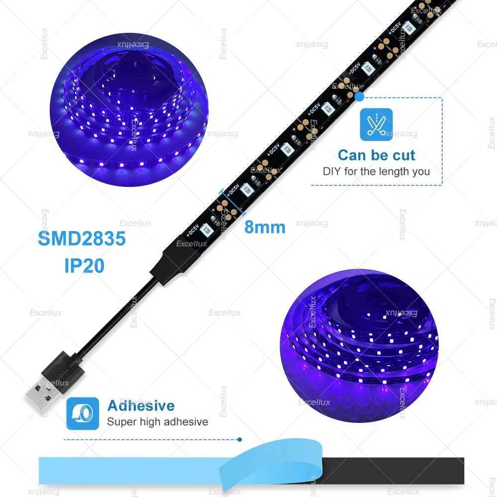 USB UV LED Strip Light 395nm-405nm SMD 2835 UV Black Light Flexible LED Lamp Ribbon For Room Decor Fluorescence Party Diode Tape W250701