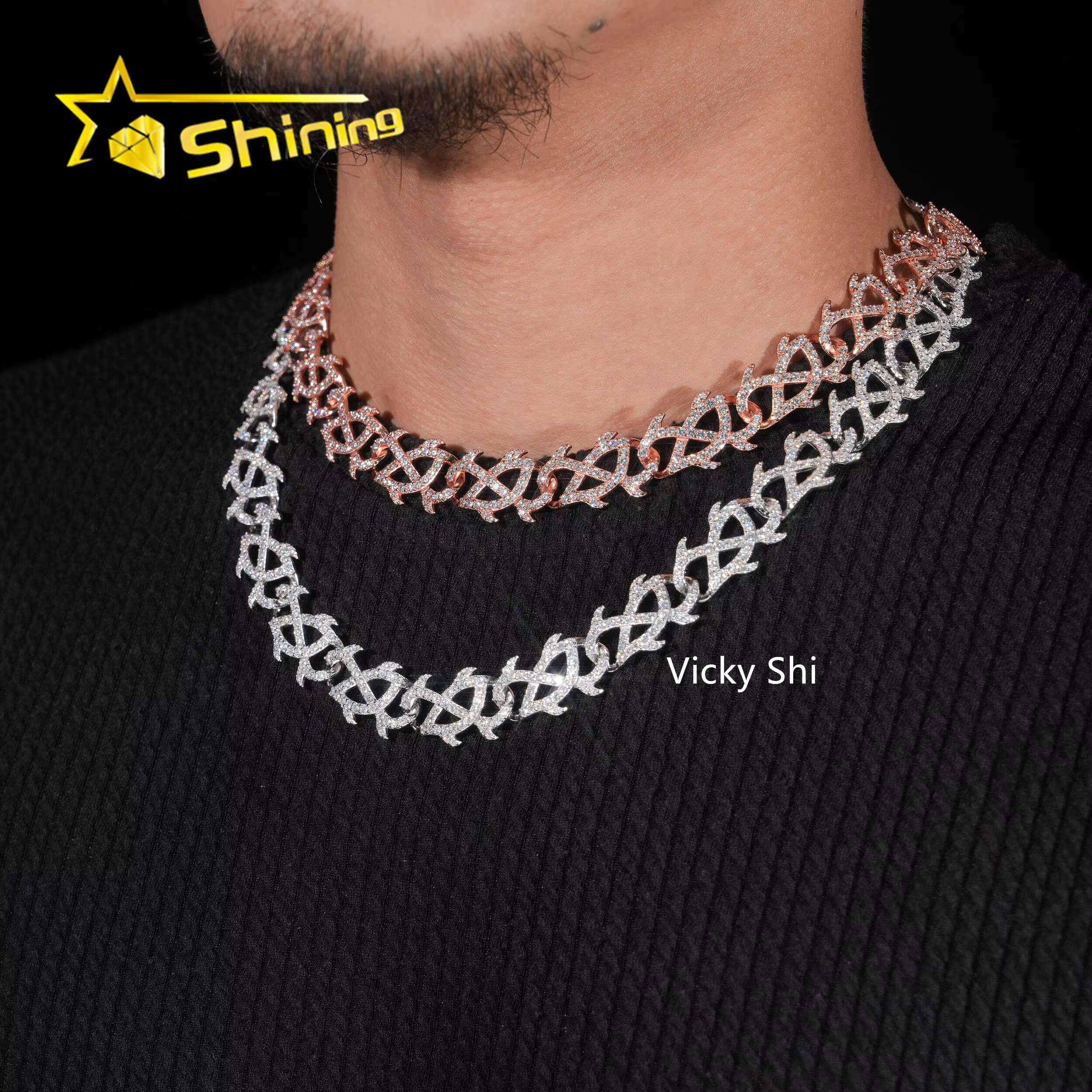 Hip Hop 925 Silver 15mm Width Thorns Cuban Link Chain Moissanite Jewelry GRA Certificated Iced Out Mens Chain Necklace